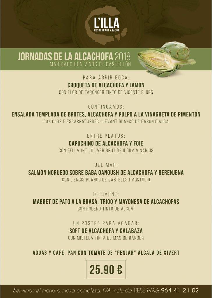 Os presento el menú de la alcachofa 2018 maridado integramente con vinos castellonenses. Lo serviremos a partir del Viernes 2 de Febrero hasta fin de mes. No olvideis que abrimos de Jueves a Domingo.